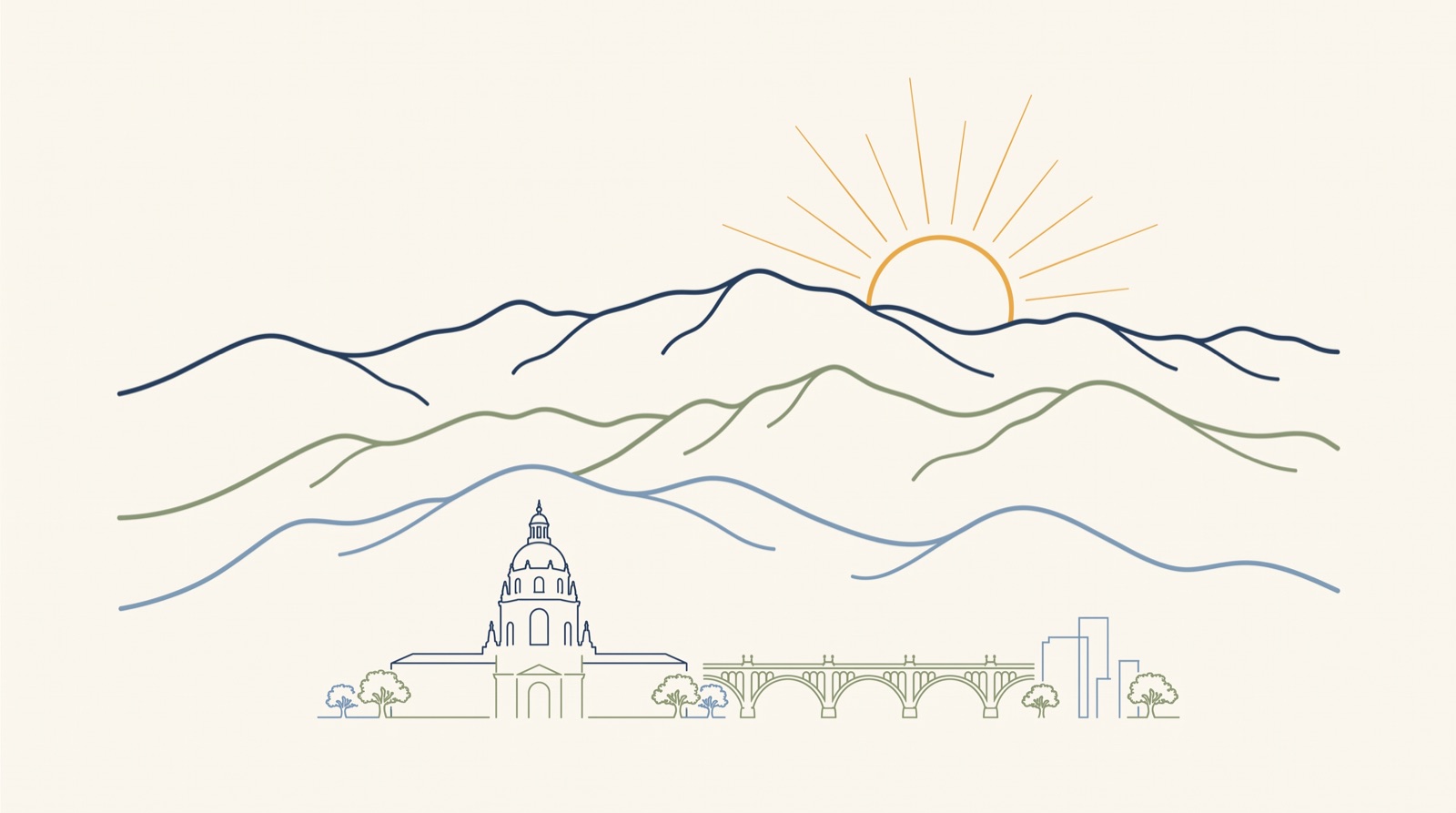 Line illustration of the San Gabriel Mountains above Pasadena: City Hall dome, the Colorado Street Bridge, and a rising sun